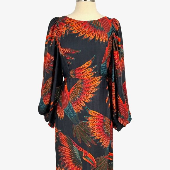 Farm Rio Arabesque Toucans Open Back Midi Dress in Multi Size S Long Sleeve - Picture 3 of 12